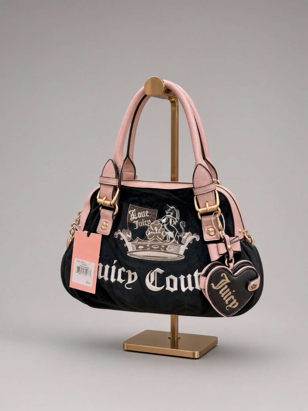 Juicy Couture Black Velour Shoulder Bag with Pink Trim & Heart Charm